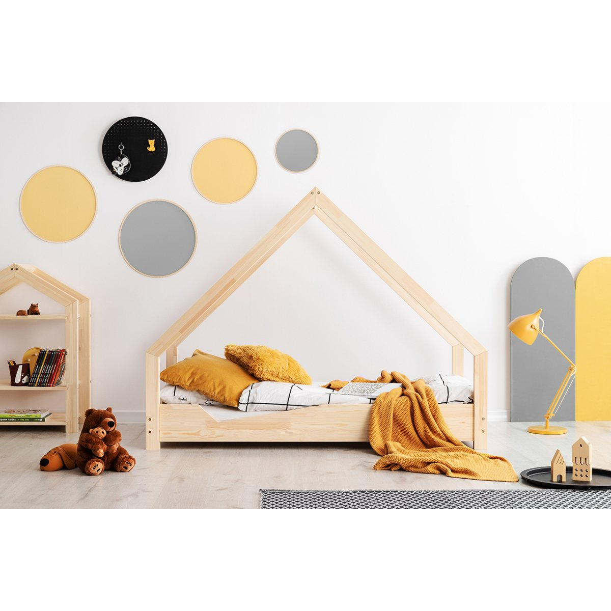 Letto per Bambino a Forma di Casetta 80x160 cm Lettino di Design Struttura  in Legno in Stile Montessori - Color Legno